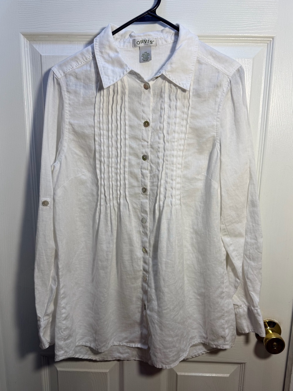 Orvis Women's White Pintuck Button-Down Linen Blouse